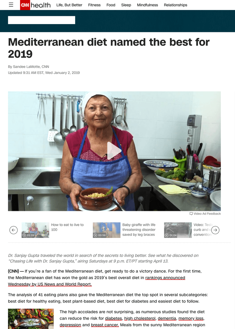 Article screenshot of the article titled Mediterranean diet named the best for 2019