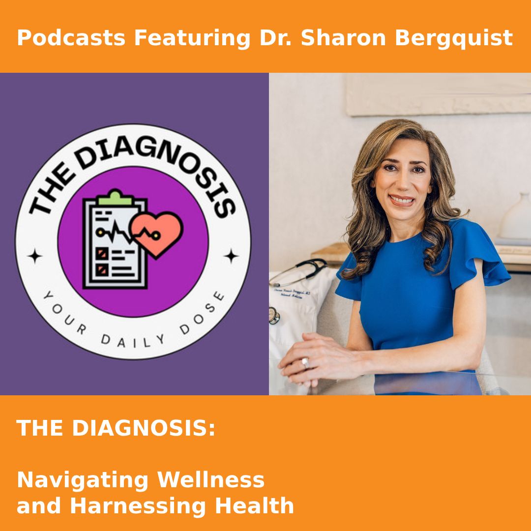 Podcast introduction card for The Diagnosis information in orange and the podcast diagnosis logo is shown (purple logo with text and a health chart graphic) on the right is a photo of Dr. Sharon Bergquist